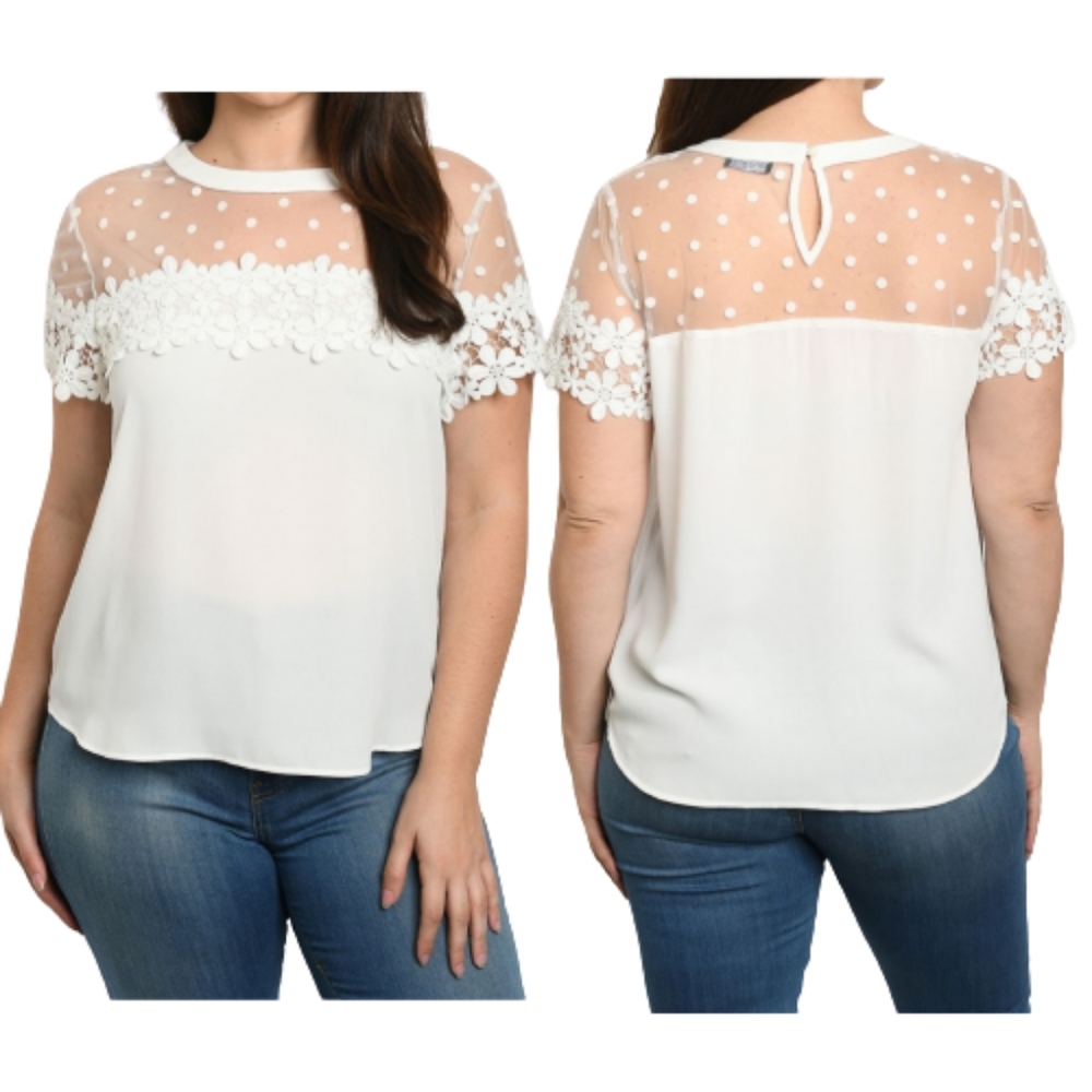 Angela Plus White Blouse Illusion Neckline Lace Polka-Dots NWT